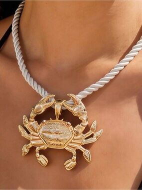 Gold Crab Pendant Necklace with White Cord